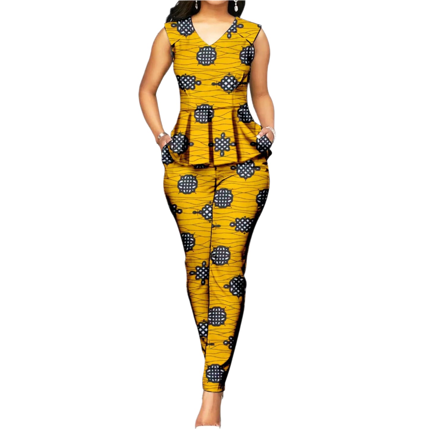 2 Piece Sleeveless African Print Blouse + Pants Set