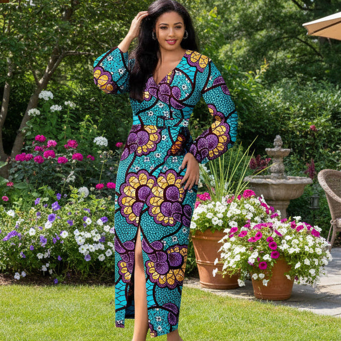 African Print V-Neck Long Sleeve Dress With Belt