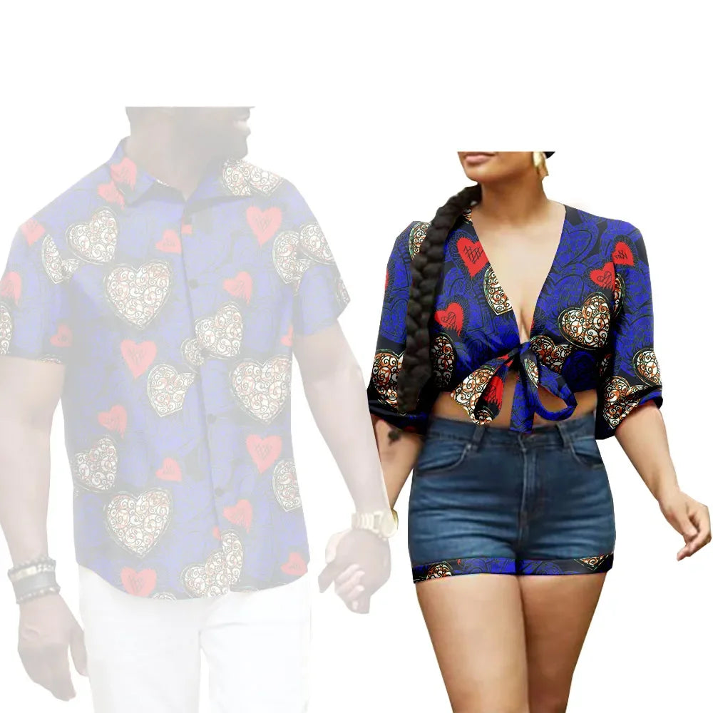 NNEKA African Print Couples Set Women`s Crop Top + Shorts Men`s Slim Fit Shirt