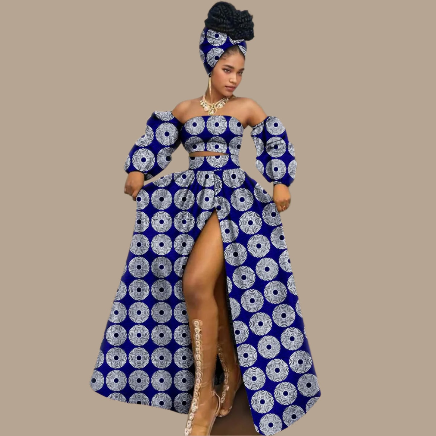 NNEKA Ankara Print Two Piece Tube Off Shoulder Dress with Matching Head Scarf