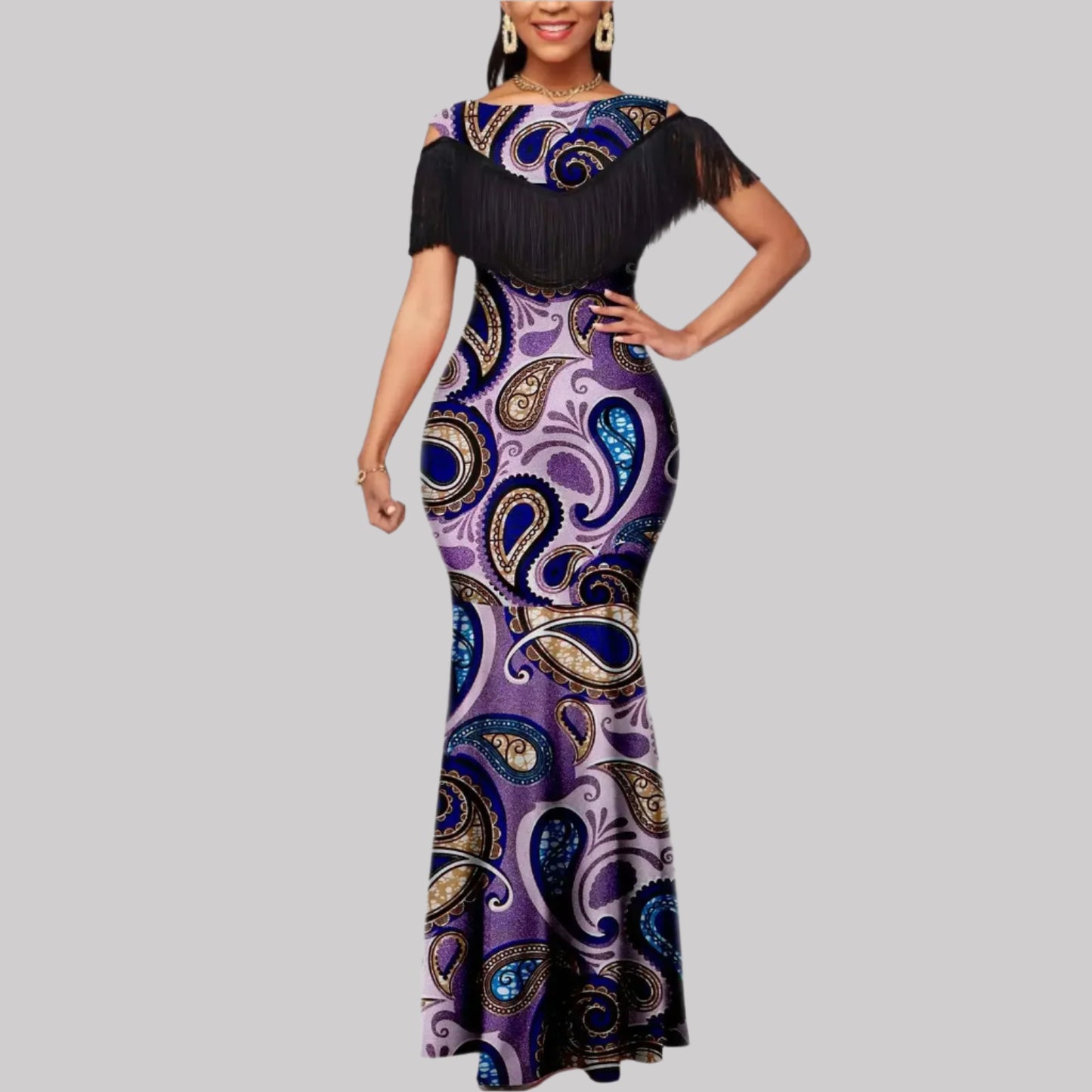 Tassel Short Sleeve Off Shoulder Ankara Print Maxi Dress