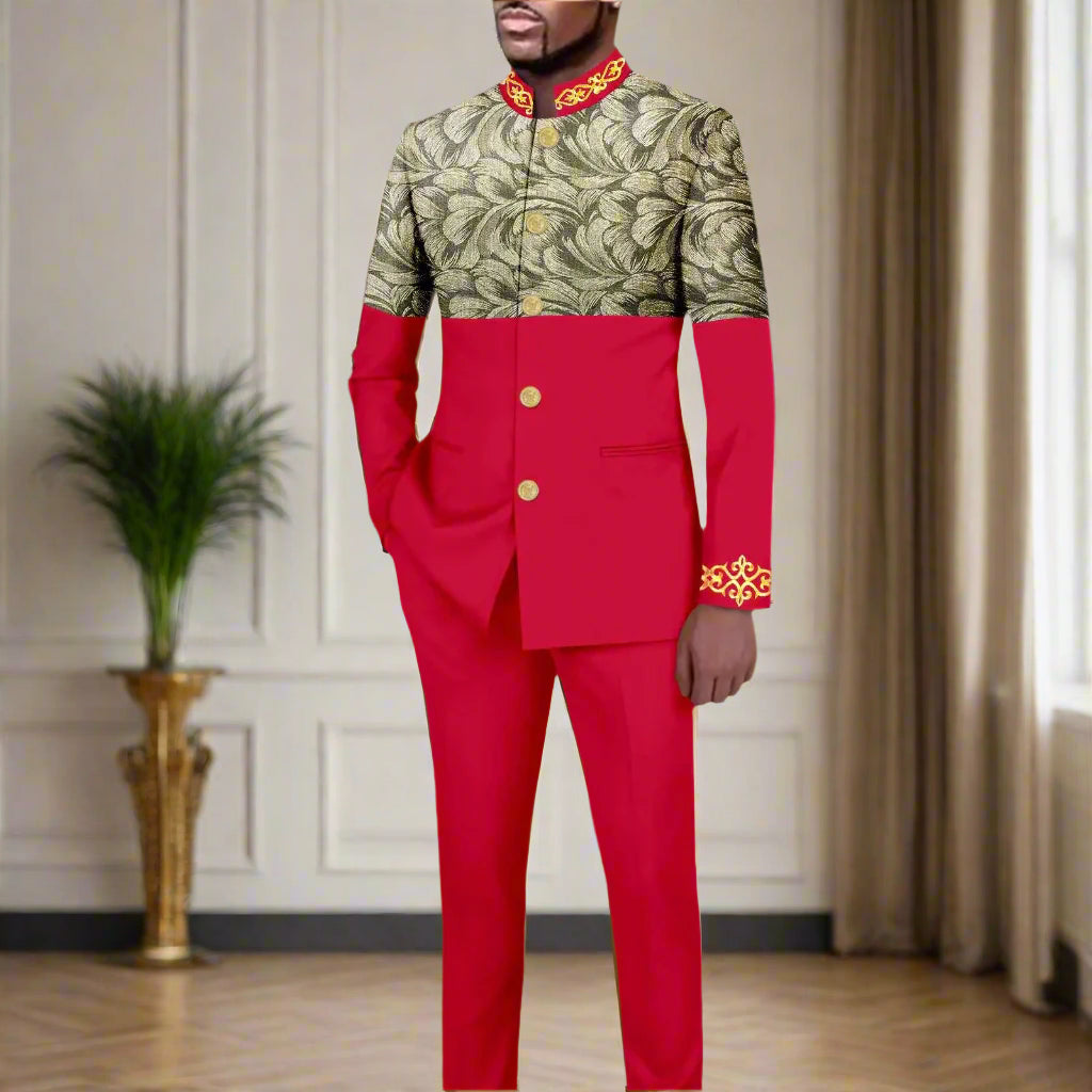 NNEKA Men's African Print Slim Fit Single Breasted Blazer and Pants Suit Set