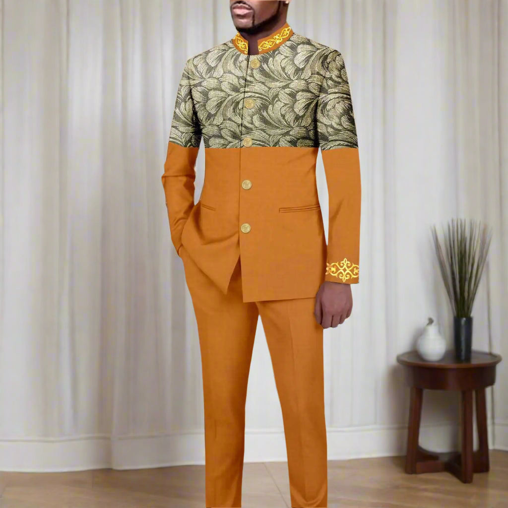 NNEKA Men's African Print Slim Fit Single Breasted Blazer and Pants Suit Set