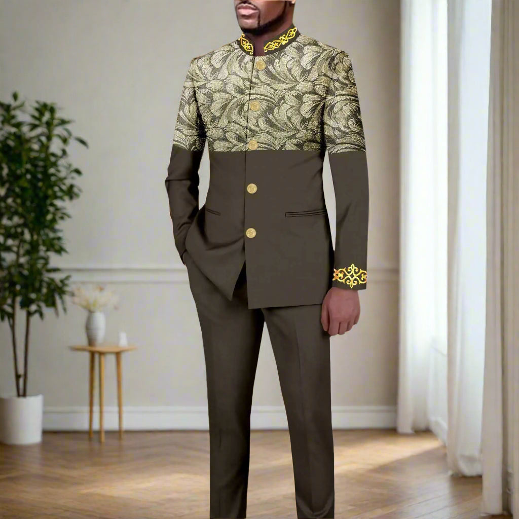 NNEKA Men's African Print Slim Fit Single Breasted Blazer and Pants Suit Set