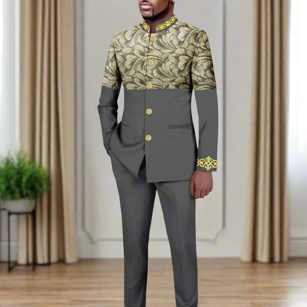 NNEKA Men's African Print Slim Fit Single Breasted Blazer and Pants Suit Set