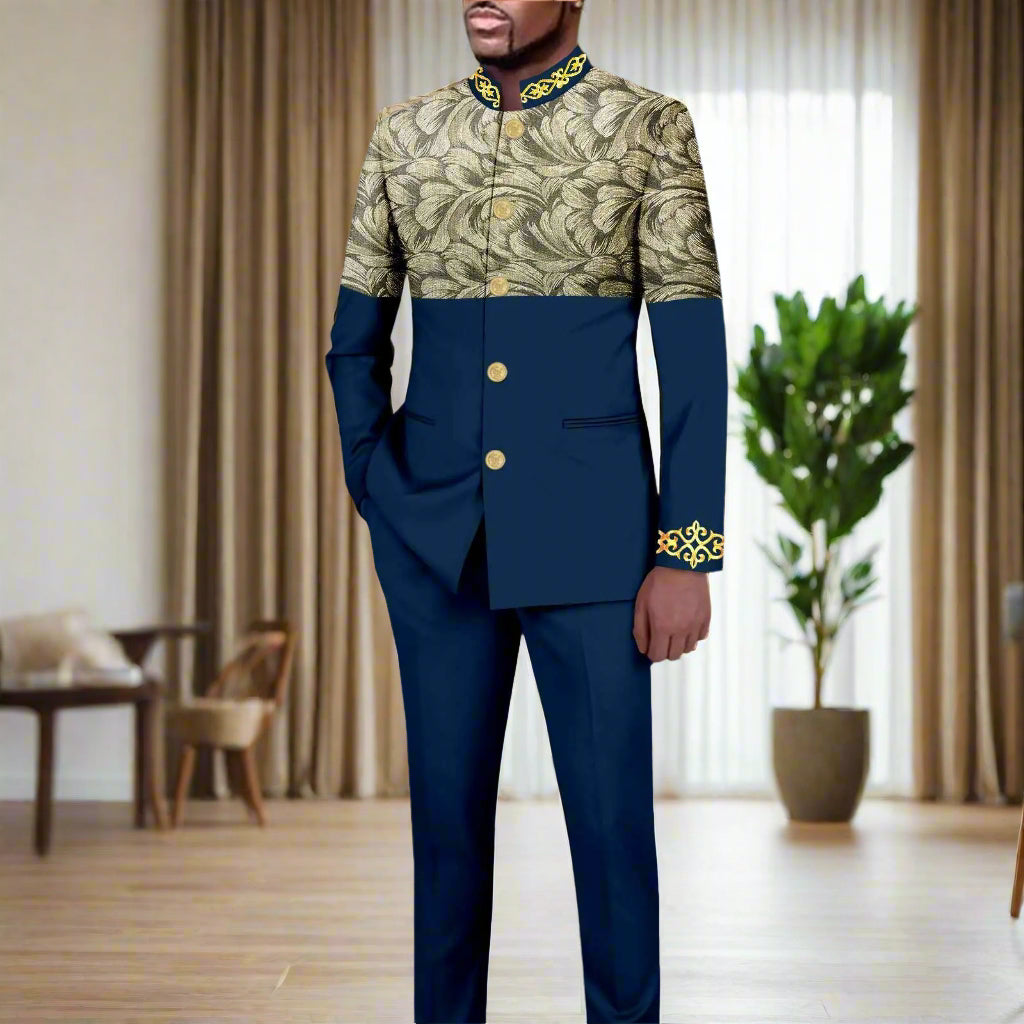 NNEKA Men's African Print Slim Fit Single Breasted Blazer and Pants Suit Set