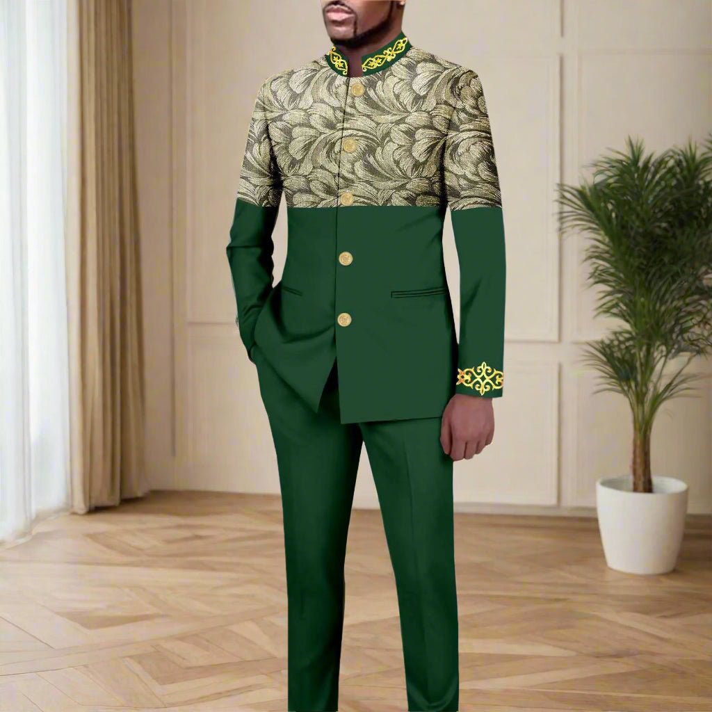 NNEKA Men's African Print Slim Fit Single Breasted Blazer and Pants Suit Set