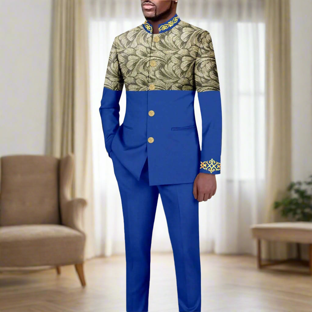 NNEKA Men's African Print Slim Fit Single Breasted Blazer and Pants Suit Set