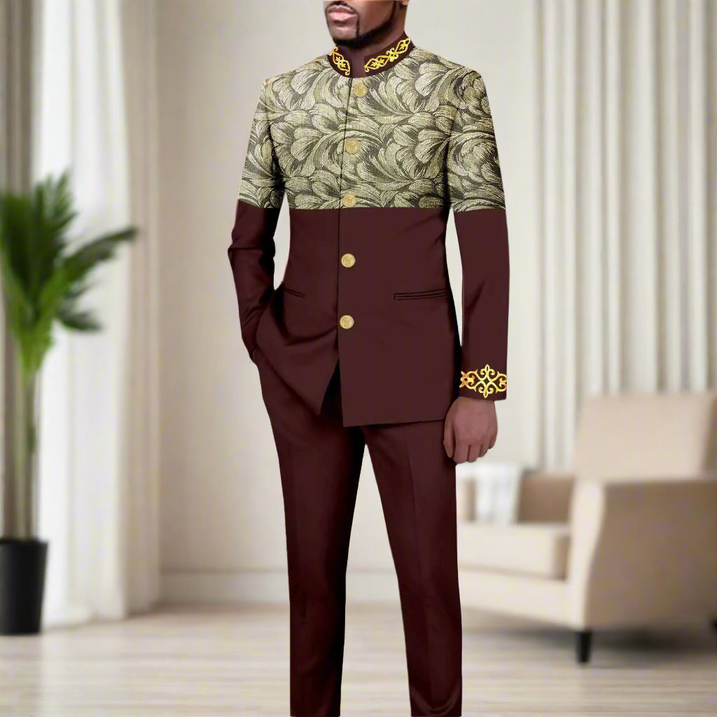 NNEKA Men's African Print Slim Fit Single Breasted Blazer and Pants Suit Set